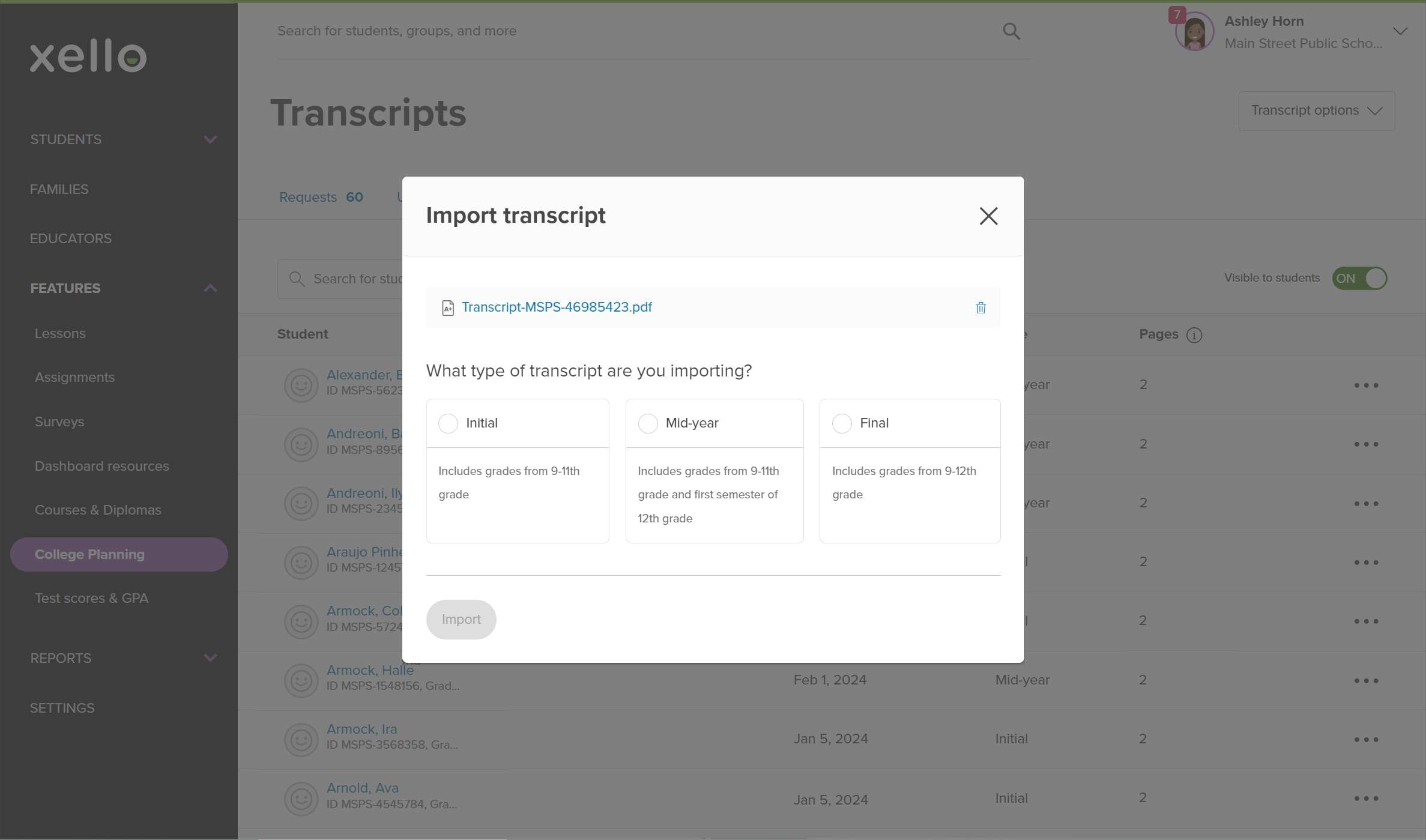 Pop up window asking which Transcript type the user is uploading: Initial, Mid-Year, or Final